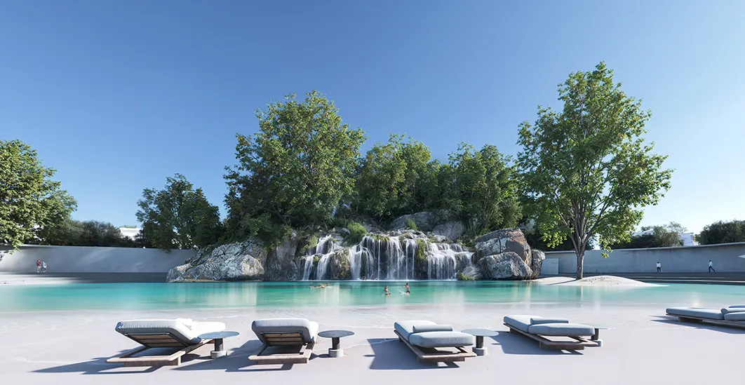 Render of the central lagoon pool with waterfalls and loungers planned at Masaar 3, Sharjah